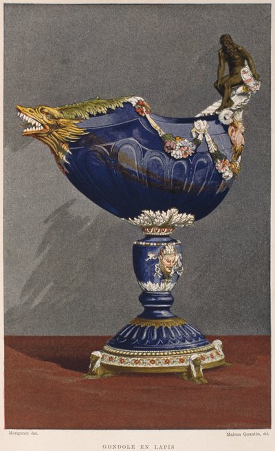 Coppa a forma di gondola del XVI secolo intarsiata con lapislazzuli, montata in smalto e argento dorato, illustrazione dal Dictionnaire de l