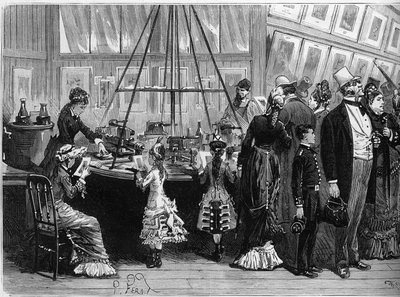 Esposizione Universale del 1878 a Parigi: stampe fotoglitiche nel padiglione della fotocromia. Incisione in 