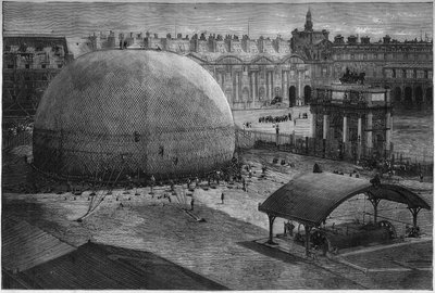 Esposizione Universale del 1878 a Parigi: gonfiaggio del pallone frenato di Henri Giffard nel cortile delle Tuileries. Incisione in 