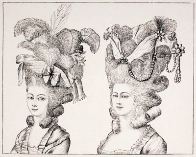 Ragazze francesi del XVIII secolo con acconciature e cappelli stravaganti, 1875 da French School