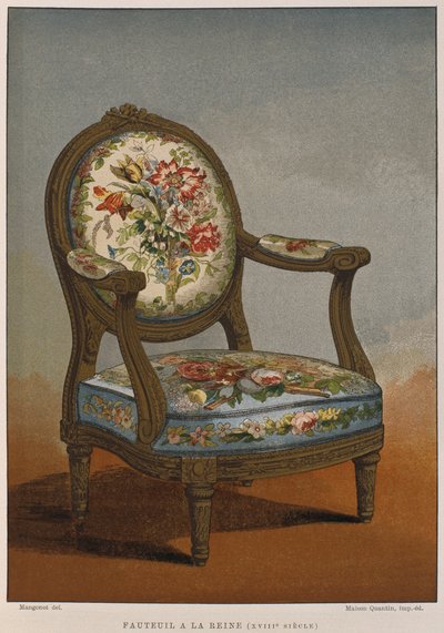 Poltrona a la reine del XVIII secolo con arazzo fiorito, illustrazione dal Dictionnaire de l