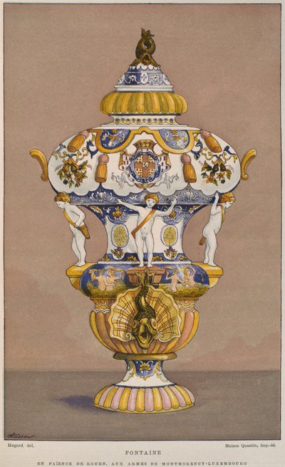 Fontana in maiolica del XVIII secolo con lo stemma di Montmorency Luxembourg, fabbricata a Rouen, illustrazione dal Dictionnaire de l