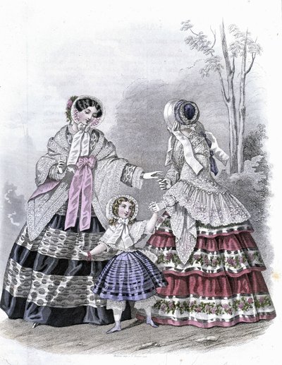 2 donne alla moda con una ragazza a passeggio - in "Journal des Demoiselles" 1852 da French School