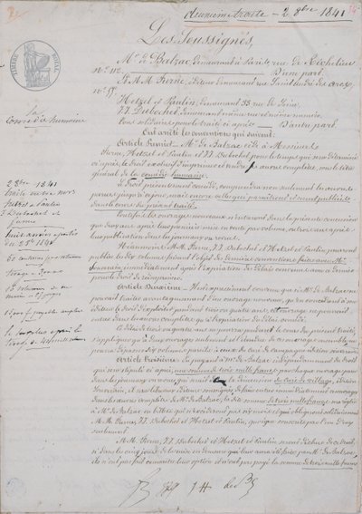 2° documento contrattuale relativo a La Comédie Humaine tra Honoré de Balzac (1799-1850) e Hetzel, Paulin, Dubochet e l