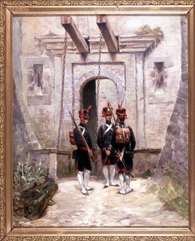 3 artiglieri convertiti, dipinto 65 x 58 cm, olio su tela di De Villeneuve, pittore militare fine XIX secolo da French School