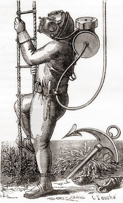 Un subacqueo del XIX secolo che indossa una tuta da immersione rivestita di gomma con casco e regolatore di serbatoio, da 