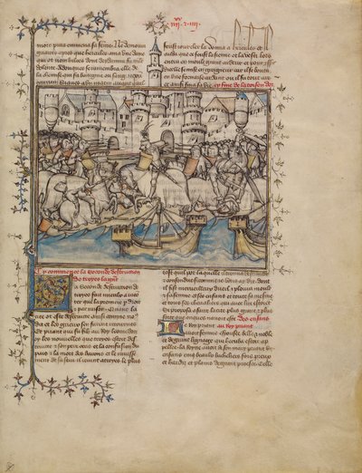 Una battaglia della guerra di Troia, c.1390-1400 (tempera, lavature e foglia d