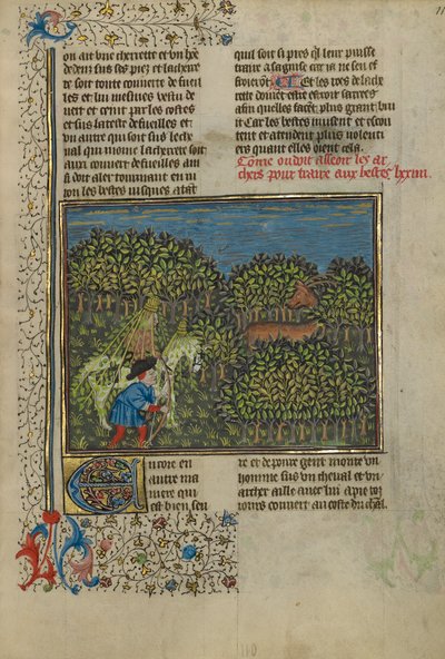 Un cavaliere camuffato e un arciere che si avvicinano a un cervo, c.1430-40 da French School