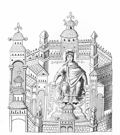 Un re carolingio nel suo palazzo, personificazione della Saggezza che si appella all