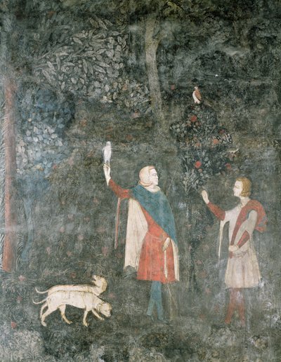 Un gentiluomo a caccia con il falco, dalla Sala del Cervo, 1343 da French School