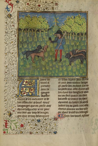 Un cacciatore che addestra cani a rispondere al richiamo di un corno, c.1430-40 da French School