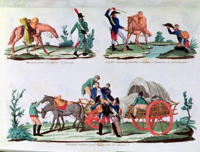 Un ussaro che trasporta foraggio, un cavaliere e un fante che dissetano e un