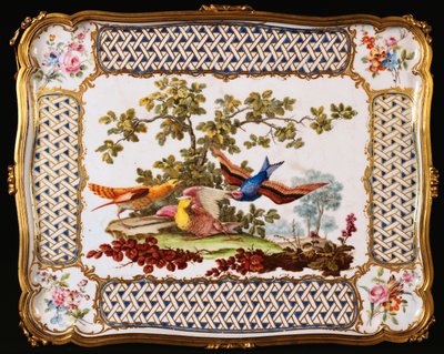 Un vassoio di Sevres Luigi XV decorato con tre uccelli esotici in un paesaggio, formando la parte superiore di un tavolo da caffè, 1761 da French School