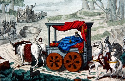 Un re merovingio trasportato su una lettiga trainata da buoi da French School