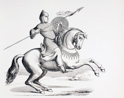 Un Cavaliere Normanno vestito con cotta di maglia e elmo che porta lancia e scudo, 1873 da French School