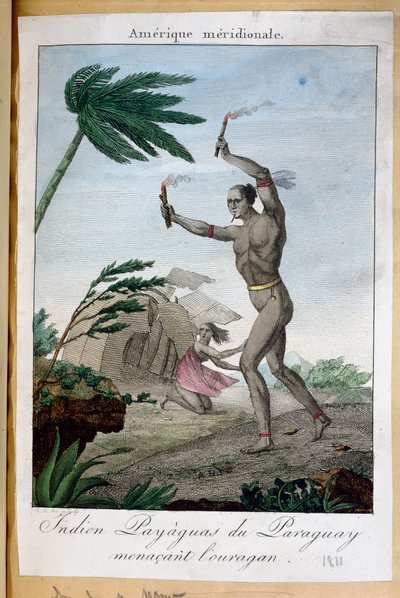 Uno sciamano indiano Payaguas che tenta di allontanare un uragano, Paraguay, 1811 da French School