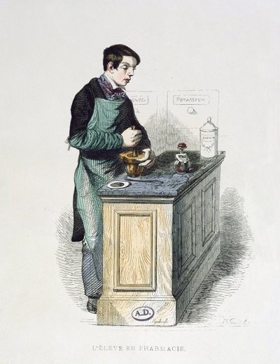 Uno studente di farmacia che prepara medicine, illustrazione da Les Francais peints par eux-memes, Editions L. Curmer, 1841 da French School