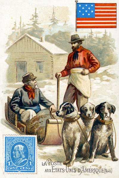 Un postino negli USA che consegna la posta in inverno, fine XIX secolo da French School