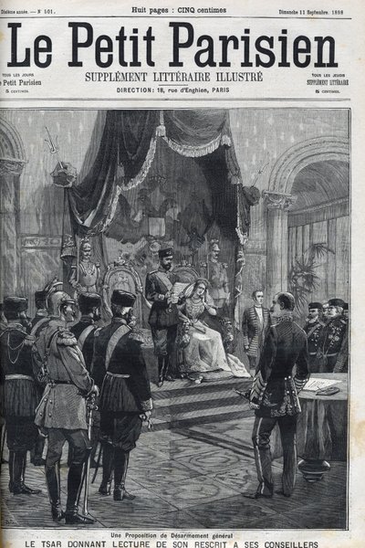 Proposta di disarmo generale (fatta alle potenze europee) - Lo zar Nicola II legge il suo rescritto ai suoi consiglieri. Le Petit Parisien da French School