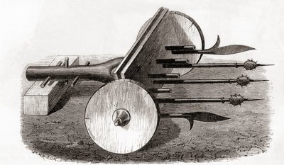 Un Ribauldequin, macchina infernale o organo di cannone, armato di piccoli cannoni e picche, da Les Merveilles de la Science, pubblicato c.1870 (incisione) da French School