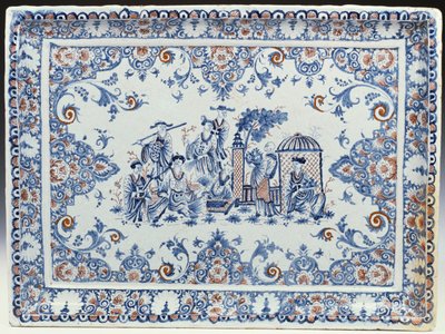 Vassoio rettangolare di Rouen, dipinto in blu e rosso ferro da French School