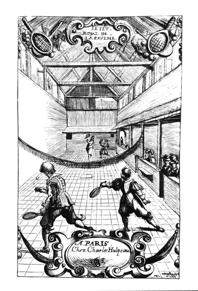 Una partita reale di tennis nel Jeu de Paume, Versailles, pubblicata da Charles Hulpeau da French School