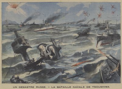 Un disastro russo: sconfitta nella battaglia di Tsushima, guerra russo-giapponese (litografia a colori) da French School
