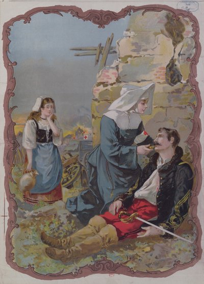 Una sorella che aiuta un soldato ferito durante la guerra del 1870 da French School