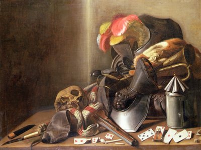 Natura Morta Vanitas con un Teschio, Carte da Gioco e Armatura, c.1650 da French School
