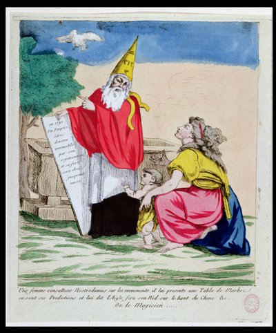 Una donna consulta Michel Nostradame (Nostradamus) (1503-66) gennaio 1790 da French School