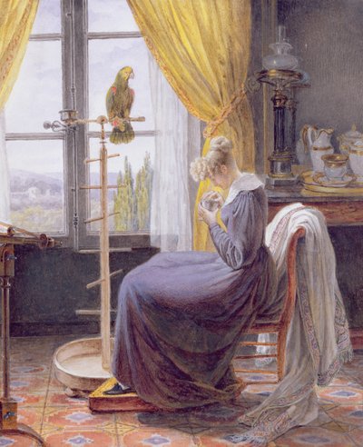Una donna che nutre un pappagallo in un interno, c.1820 da French School
