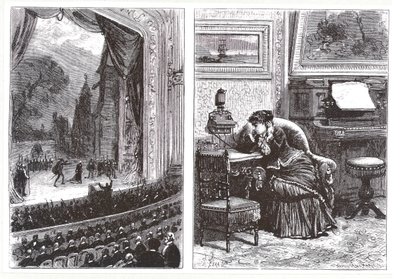 Una donna che ascolta una rappresentazione operistica a casa sua tramite il telefono Ader-Bell e il sistema di trasmissione musicale di Ader, da Les Nouvelles Conquetes de la Science di Louis Figuier da French School