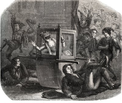 Un gruppo di burloni impedisce a Marie-Thérèse Le Vasseur (1721-1801), in costume per il Carnevale, di avanzare sulla sua sedia a rotelle. È vittima della vendetta di uno dei suoi ex amanti. Incisione del 1871 in "Storia dei cornuti celebri". da French School