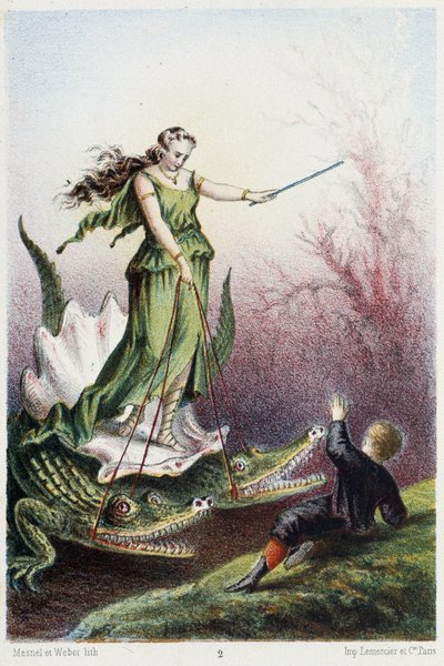 Un ragazzo davanti a una donna su un carro trainato da due coccodrilli - in "Viaggio al centro del mare" di H. de la Blanchère. Parigi, ed. Jouvet et Cie, sd. 1880 da French School
