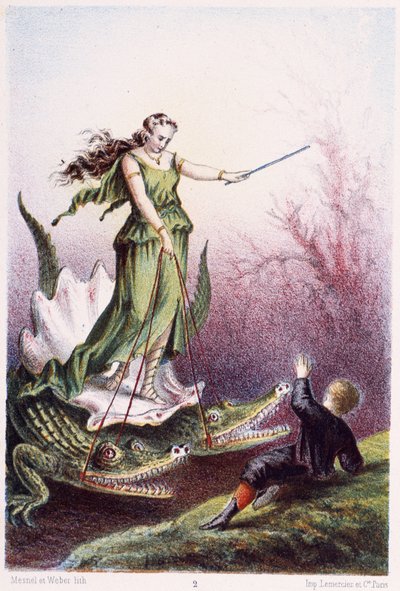 Un ragazzo davanti a una donna su un carro trainato da due coccodrilli - in "Viaggio al fondo del mare" di H. de la Blanchère. Parigi, ed. Jouvet et Cie, sd. 1880. da French School