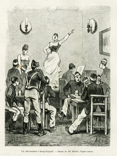 Un caffè cantante a Bourg Leopold. Incisione di A.Hubert per illustrare la storia La Belgique, di Camille Lemonnier, in le tour du monde 1886, diretto da Edouard Charton, Hachette, Parigi. da French School