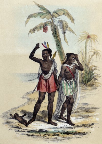 Una coppia e un bambino su una spiaggia; illustrazione per le Marchesi, - in 