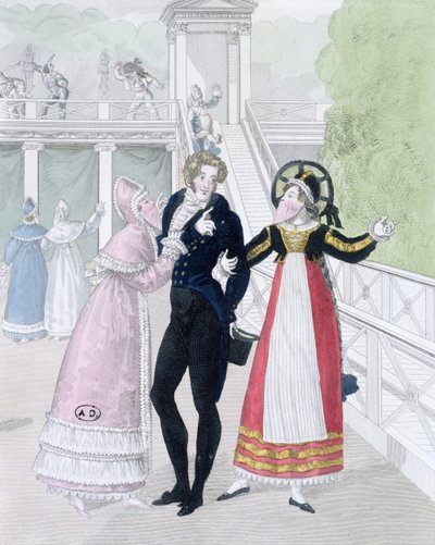 Un dandy corteggiato da due donne mascherate, dalla serie Le Bon Genre da French School