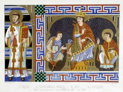 Un diacono, una figura nobile, un re e un vescovo che illustrano il popolo del decimo secolo; Illustrazione del diciannovesimo secolo tratta da 