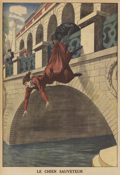 Un cane salva una donna che sta cadendo da un ponte (litografia a colori) da French School