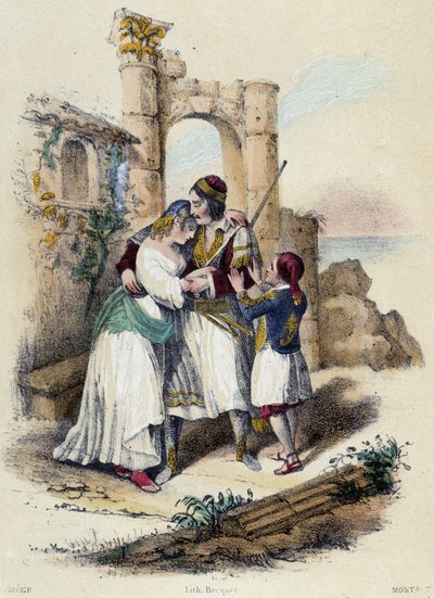Una famiglia circondata da rovine; illustrazione per la Grecia, -in "Le dodici Nazioni" di M.E Fouinet da French School