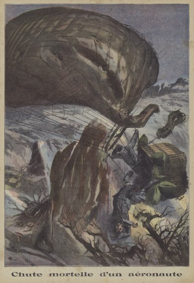 Un incidente fatale in mongolfiera (litografia a colori) da French School