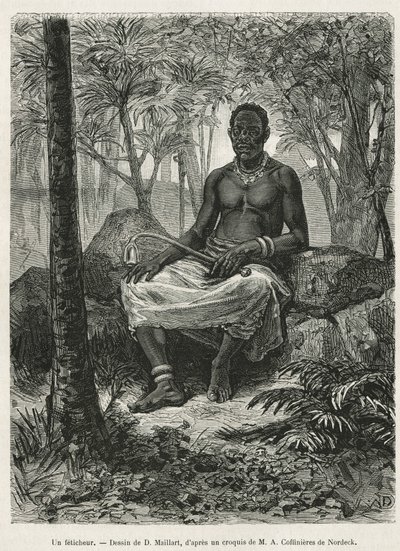 Un feticista, stregone capace di usare la forza magica dei feticci, disegno di D. Maillart, per illustrare la storia di un viaggio in Gabon e sul fiume Ogoué, nel 1875-1877, di Alfred Marche. Incisione in Le tour du monde da French School