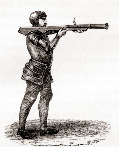 Un soldato di fanteria che usa una bombarda portatile, fine XIV e XV secolo, da un disegno del XIX secolo, da Les Merveilles de la Science, pubblicato c.1870 da French School