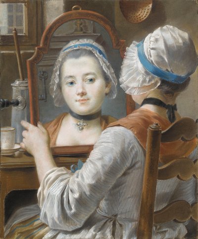 Una ragazza con un cappello, che si guarda allo specchio con una cioccolatiera e una tazza sul tavolo, c.1750 da French School