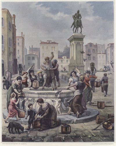Un gruppo di donne raccoglie acqua da un pozzo a Venezia da French School