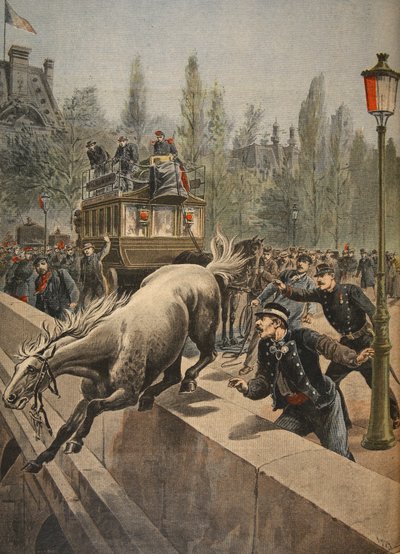 Un cavallo che si suicida, illustrazione da Le Petit Journal: Supplement illustre, 1898 da French School