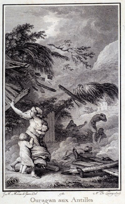 Un uragano nelle Indie Occidentali. Incisione del 1780 da French School