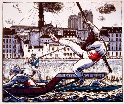 Una gara di giostre a un festival fluviale sulla Senna, Parigi, c.1890-1920 (stampa a blocchi di legno a colori) da French School