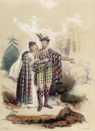 Un uomo con un kilt e il suo compagno davanti a un castello; illustrazione per la Scozia, - in "Le dodici Nazioni" di M.E Fouinet da French School